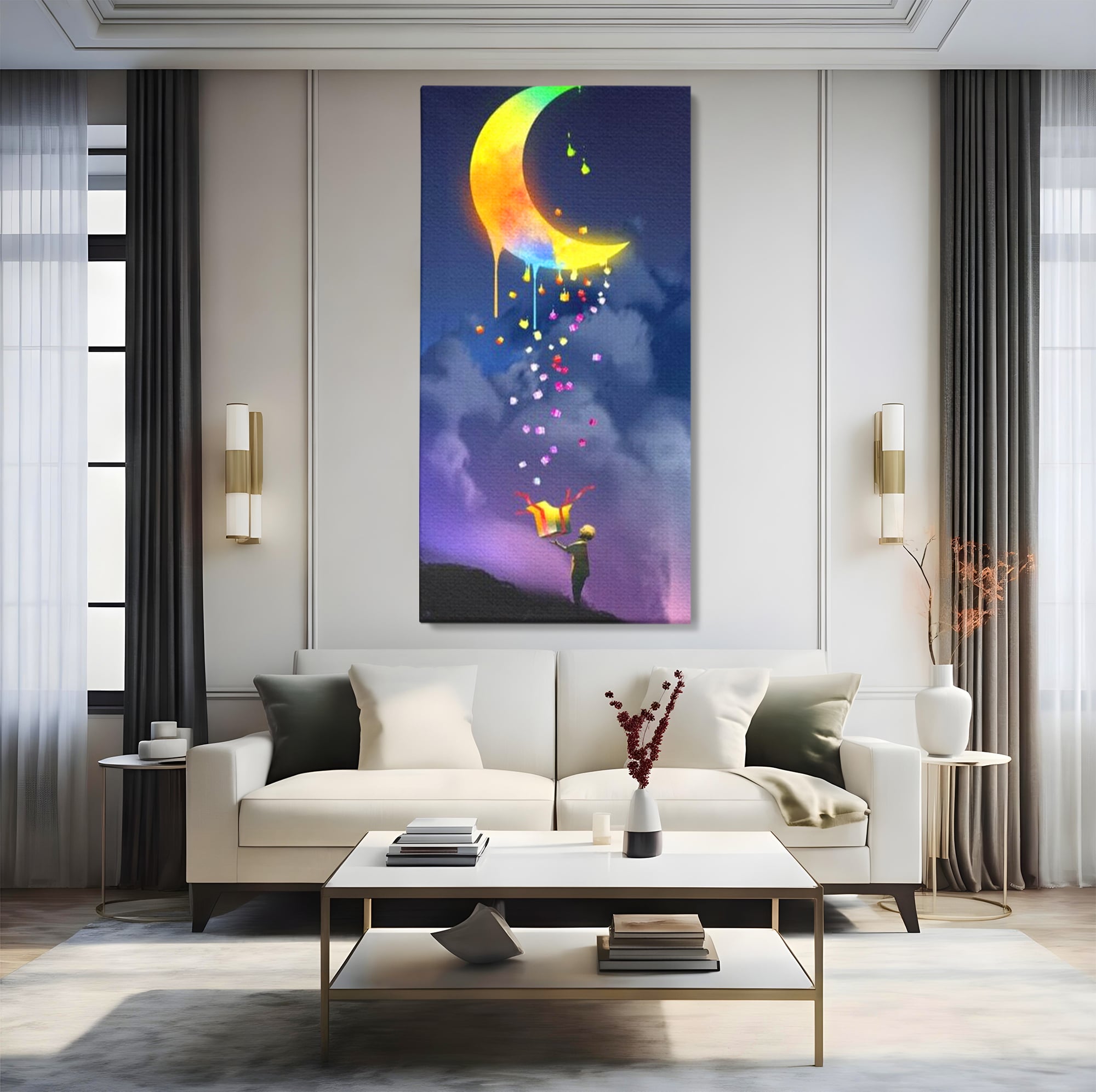 Tablou canvas cu ilustratie cu copil si luna curcubeu, fara rama, pe sasiu de lemn, pe perete intr-un living